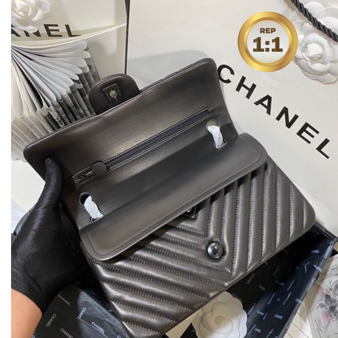 [REP 1:1] Chanel Chevron Classic Handbag Black For Women 10.2in/26cm
